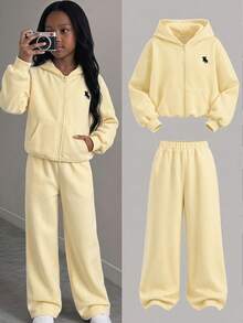 Tween Girls Cream Yellow Front Zipper Hoodie With Embroidered & Sweatpants Tracksuit 2Pcs Set - Yellow - View 14