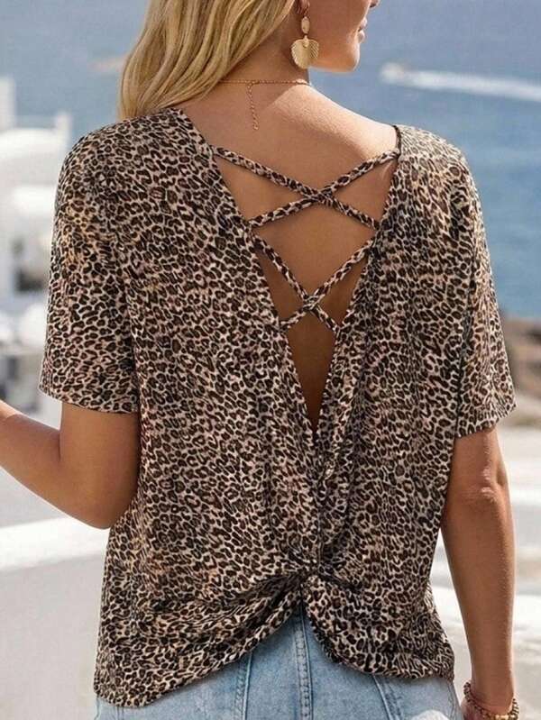 Faunlyn Camiseta casual estampada de leopardo cómoda con nudo retorcido en la parte posterior y tiras cruzadas