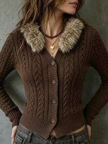 LUMIGAL Cardigan Rajut Kabel Lengan Panjang Berkerah Bulu Wanita, Kancing Tunggal - Coklat - View 5