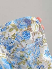 Sunnyshic Summer Vacation Mesh Printed Spaghetti Strap Dress, Sweet Girl Lace Patchwork, Suitable For Dating, Casual, Vacation And Various Occasions - Blue and White - View 8
