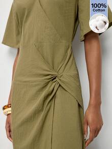 Maija Olive Green V-Neck Fitted Waist Slim Fit Long Dress Twisted Asymmetric Hem Summer Urban French Casual Elegant Women Festival Beach Vacation Brunch - Army Green - View 5