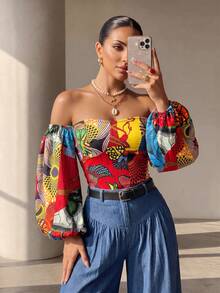 Structelle Bohemian Boho African Print Open Shoulder Petal Sleeve Crop Top Women's Red And Yellow Beach Vacation Holiday Vacation Summer Blouse - Multicolor - View 3