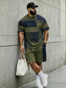 KRYTIVO Plus Size Graffiti Set For Men, Black & Orange Contrast Color King Print Short Sleeve & Shorts 2-Piece Set, Loose Fit Slimming American Street Casual Sportswear - Army Green - View 3