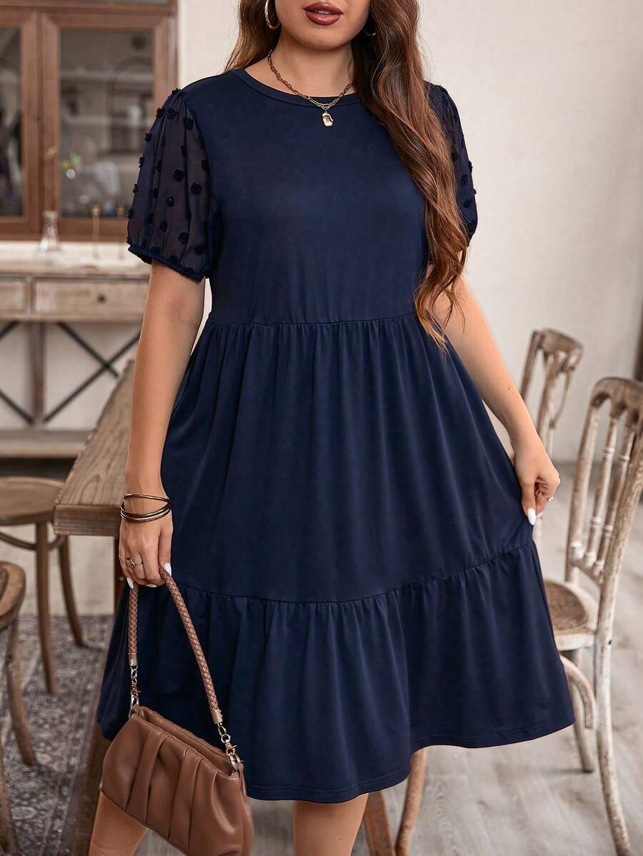 EMERY ROSE Plus Size Solid Color Round Neck Short Sleeve Ruffled Simple Casual Short Dress, For Summer - Navy Blue - View 1