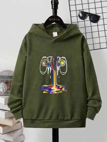 SHEIN Kids Tween Boy Game Console Print Long Sleeve Casual Autumn Sweatshirt - Army Green - View 2