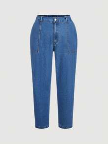 Breezaya Plus Size Women's Round Neck Top And Long Pants Casual Daily Denim Two Pieces Set - Blue - View 9