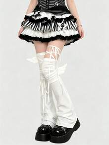 ROMWE Kawaii Y2K Style Bowknot Strap Solid Color Ladies' Leg Warmers, Suitable For Fashion Decoration, Anime Character Cosplay, JK Accessories - White - View 2