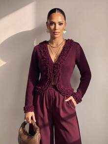 Xyvia Women's Solid Color Frill Trim Casual Versatile Daily Wear Cardigan - Burgundy - View 7