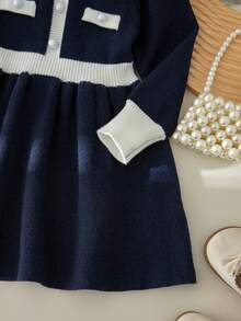 Souflis 女童粉色蝴蝶結針織洋裝，可愛荷葉邊圓領長袖針織洋裝 - 藏蓝色 - 查看 5