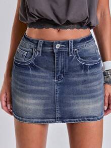 ACID BLVD Y2K Vintage Low-Waist Butterfly Embroidered Adjustable Contrast Color Denim Mini Skirt For Women - Blue - View 2