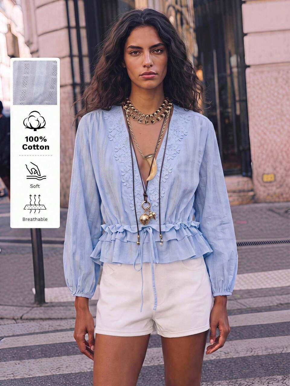 SHEIN Maija Blue Summer Fall Women's V-Neck Blouse With Lantern Sleeves And Drawstring, Casual Urban Vacation Country Festival Going Out