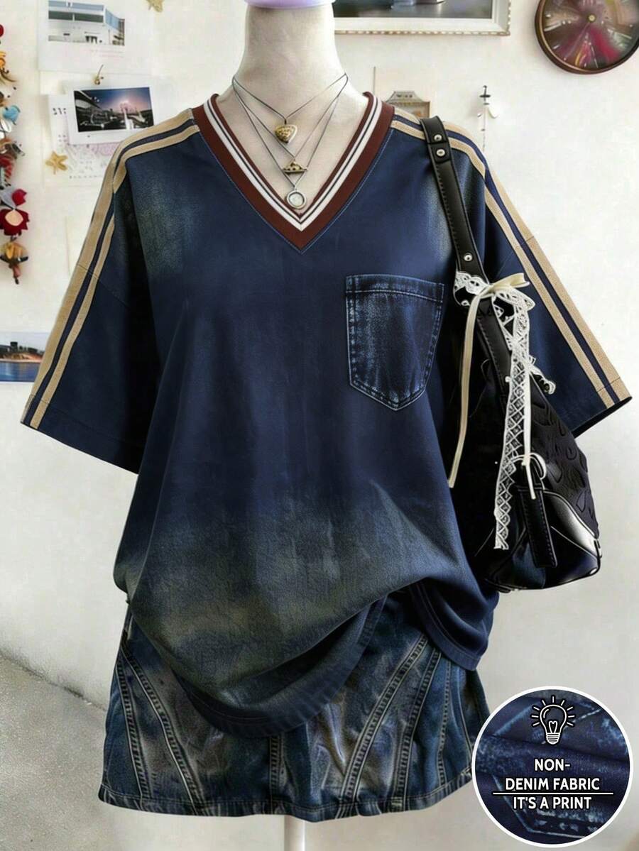 Lalippa 女款外套上衣,街頭風攝影,女性必備,時尚百搭,度假風,拼色圖案V領T恤 - 彩色 - 查看 1