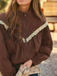 WESTFADE Funnel Neck Lace Trim Long Sleeve Oversized Jacket, Fall, Winter, Autumn, Female Country Look, Cowgirl, Rodeo, Festival, Western - Brown - View 4