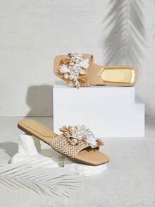 SHUZIA Sandal Wanita Ujung Persegi dengan Dekorasi Kerang Laut yang Glamor, Sepatu Liburan Musim Semi, Liburan Paskah, Natal, Hari Valentine, Sepatu Musim Panas - Krem - View 5