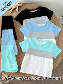 SHEIN 隨機發貨 1 款（共 3 款花色）短袖上衣與短褲套裝，配色拼接對比設計，春夏休閒舒適時尚風，適合外出與戶外運動 - 彩色 - 查看 3