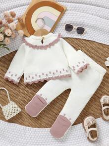 SHEIN Infant Girl Sweater Set, Pink And White With Contrast Ruffle Collar Bow, 2 Pieces Knitted Set, Long Sleeve Cable Knit Sweater Top, Autumn Pullover - Beige - View 3