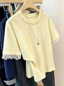 Women's Lace Patchwork Casual Lacey Versatile Daily Short Sleeve T-Shirt Brunch White Summer - Yellow - View 4