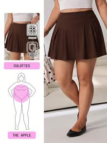 Solflare Brown Casual Plus Size Pleated Design Skorts For Women - Brown - View 1