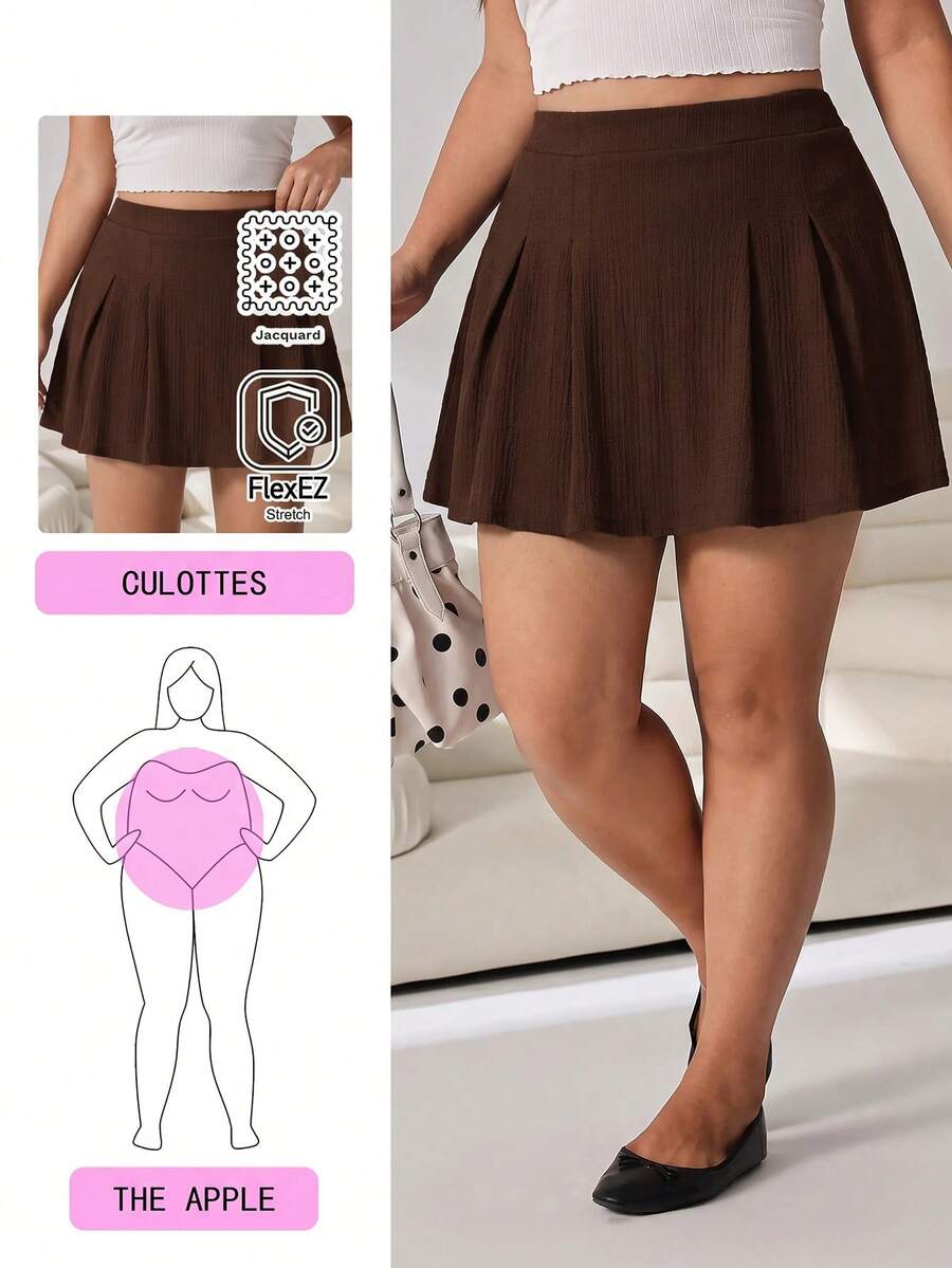 Solflare Brown Casual Plus Size Pleated Design Skorts For Women - Brown - View 1