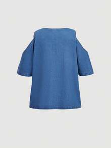 Breezaya Plus Size Women's Round Neck Top And Long Pants Casual Daily Denim Two Pieces Set - Blue - View 8