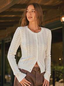 WESTFADE Button Front Long Sleeve Pointelle Knit Cardigan Sweater, Winter, Fall, Autumn, Cowgirl, Female Country Look, Back To School, Western, Rodeo, Cute Top - Beige - View 5