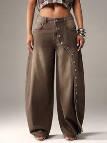 Denimoi Button Detail Wide Leg Barrel Jeans Fashionable Streetwear Statement Jeans Boyfriend Jeans - Rust Brown - View 4