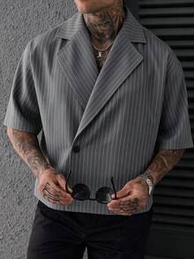 SLATEMANN 男士條紋翻領單扣休閒短袖襯衫 - 灰色 - 查看 6