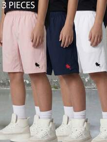 SHEIN 3件組兒童青少年男童寬鬆休閒梭織網格色休閒簡約基本百搭素色運動工裝短褲多色多件套，買一送二，共三件，適合春夏季，學校、校園、大學 - 彩色 - 查看 1