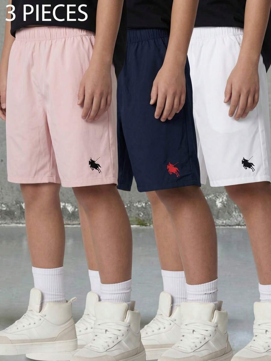 SHEIN 3件組兒童青少年男童寬鬆休閒梭織網格色休閒簡約基本百搭素色運動工裝短褲多色多件套，買一送二，共三件，適合春夏季，學校、校園、大學 - 彩色 - 查看 1