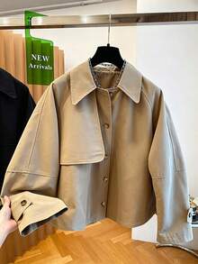 GlowEve Women's Solid Color Raglan Long Sleeve Single-Breasted Casual Trench Coat - Khaki - View 3