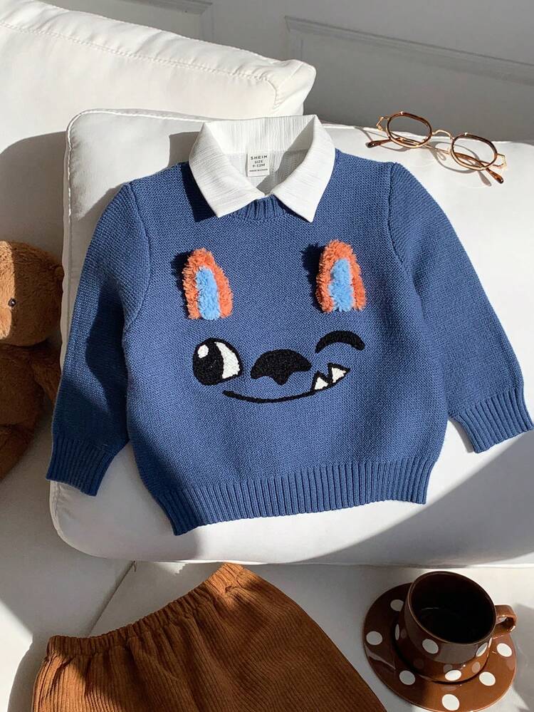 SHEIN Baby Boy Autumn/Winter Casual Cute Blue Rabbit Sweater, Infant Sweater - Multicolor - View 1