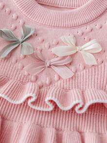 SHEIN Vintaside Kids 6個月至3歲女嬰幼兒粉色荷葉邊3D蝴蝶結針織毛衣洋裝，皮克針織公主裙，適合1歲生日派對、外出、拍照，春秋款 - 杏色 - 查看 6