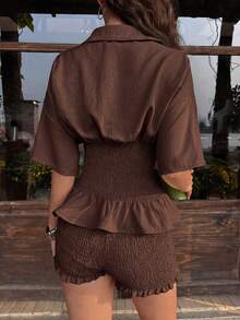 MainGRL Women's Solid Color Single-Breasted Short Sleeve Top And Shorts Casual Daily Set - Brown - View 2
