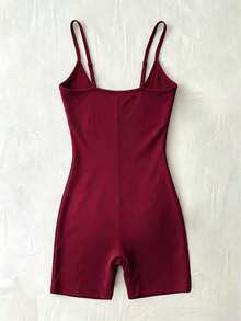 INAWLY Solva Solid Color Ruched Fitted Sexy Spaghetti Strap Jumpsuit, Summer - Burgundy - View 8
