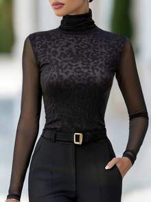 Balvessa Thin High Neck Leopard Print Patchwork Sheer Mesh Versatile Casual Women's Top - Black - View 1