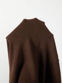 RosyDaze Atasan Rajut Bergaris Leher Tinggi Setengah Resleting Musim Gugur untuk Wanita Lengan Panjang Slim Fit Sweater Kasual Kantor Cokelat Tua - Coffee Brown - View 4