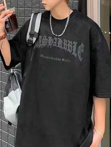 Manfinity Dauomo 男士復古短袖寬鬆休閒街頭風T恤，磨損字體設計 - 彩色 - 查看 2