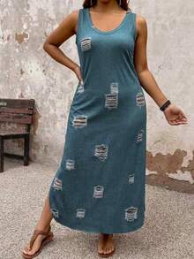 EMERY ROSE Vestido Casual de Vacaciones Talla Grande con Estampado de Efecto Denim - Multicolor - Ver 3