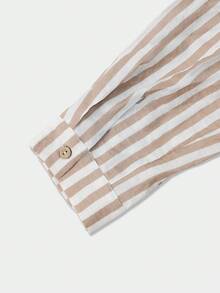 Linhara CURVE Kemeja Kasual Longgar Bergaris Kancing Tunggal Ukuran Besar untuk Wanita, Cocok untuk Musim Gugur. - Khaki - View 5