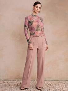 Anewsta Fall New Elegant Romantic Pink Floral Fashion Casual Party Brunch Going Out Holiday Outing Elastic Slim Fit Printed Base Layer Women's T-Shirt - Pink - View 5