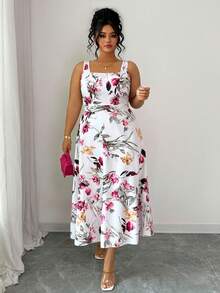 Elenzga Plus Size Floral Print Square Neck Sleeveless Dress - White - View 4
