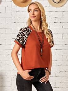 Faunlyn Women's Round Neck Casual Leopard Print Raglan Short Sleeve T-Shirt - Burnt Orange - View 5