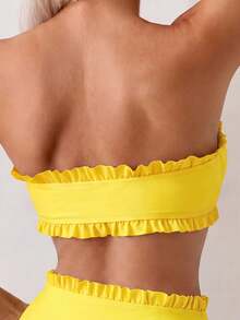 Swim Mod Women's Summer Beach Solid Color Ruffled Strapless Bikini Set - Yellow - View 4