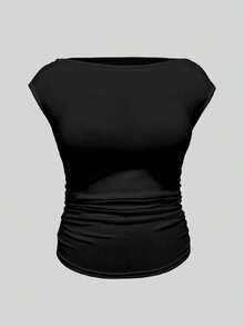 EMERY ROSE Plus Size Multipack 3 Pack Solid Boat Neck Cap Sleeve Side Ruched Slim Fitted T Shirt Women Summer Lightweight Daily Going Out Basic Top Set - Multicolor - View 5