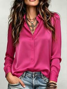 EMERY ROSE Women's Hot Pink Plain Button-Down Regular Long Sleeve Shirt Collar Blouse Casual Semi-Sheer Top - Hot Pink - View 3