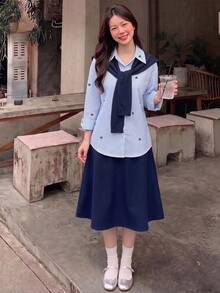 青少年女孩春秋通勤條紋寬鬆鈕扣長袖休閒襯衫，附披肩，適合返校校園穿搭百搭上衣 - 彩色 - 查看 3