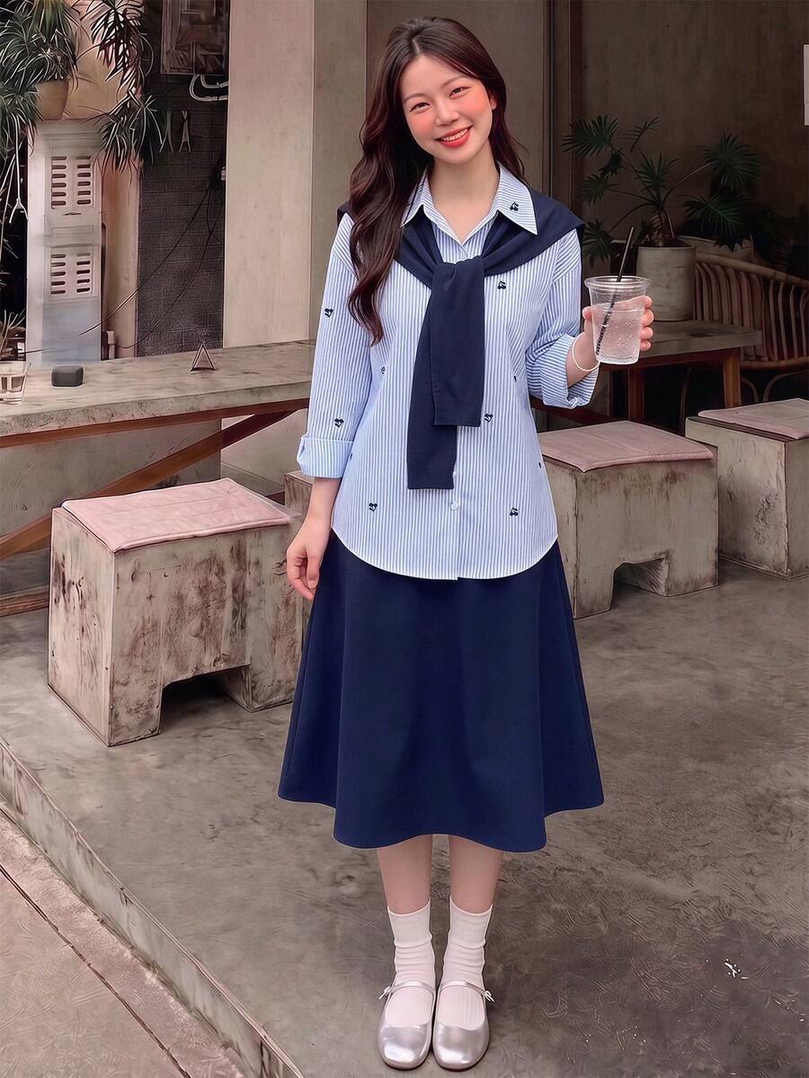 Tween Girl Spring/Autumn Commute Striped Loose Button Long Sleeve Casual Shirt With Shawl, Suitable For Back To School Campus Versatile Blouse - Multicolor - View 1