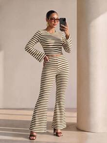 Xyvia Green And White Striped Casual Bell Sleeve T-Shirt And Bell Bottom Pants Set, Minimalist Fashion Style, Suitable For Spring And Autumn Wear, Spring And Autumn Outfit - Multicolor - View 1