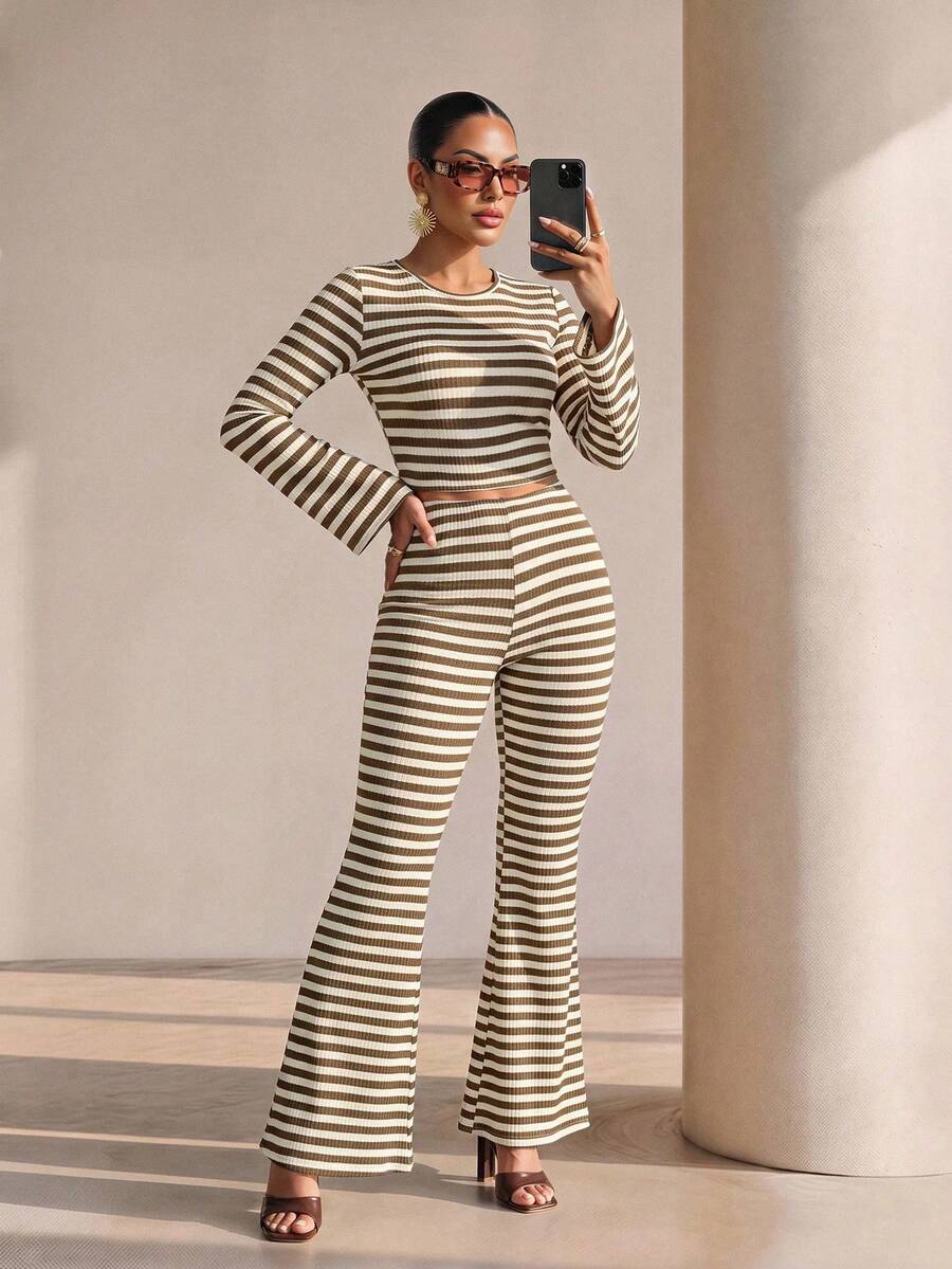 Xyvia Green And White Striped Casual Bell Sleeve T-Shirt And Bell Bottom Pants Set, Minimalist Fashion Style, Suitable For Spring And Autumn Wear, Spring And Autumn Outfit - Multicolor - View 1