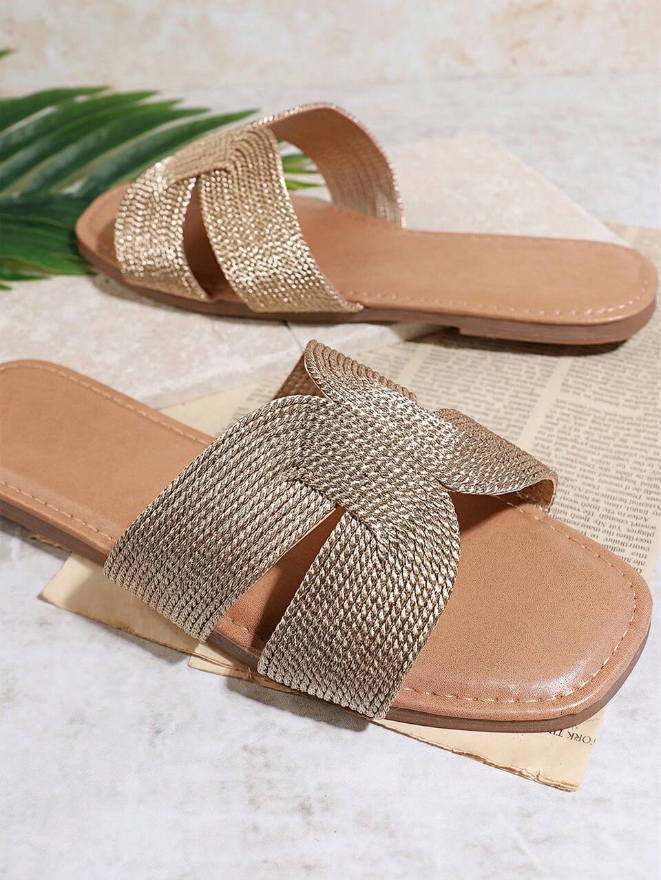 Metallic Woven Dual Cut Out Flat Slide Sandals Spring Shoes Spring Break Easter Vacation Shoes Casual Shoes Beach Shoes Mother's Day Present For Christmas Valentine's Day